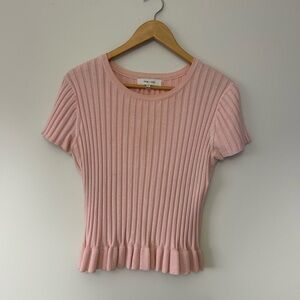 John + Jenn Pink Fitted T-Shirt with Ribbed Texture and Ruffled Hem